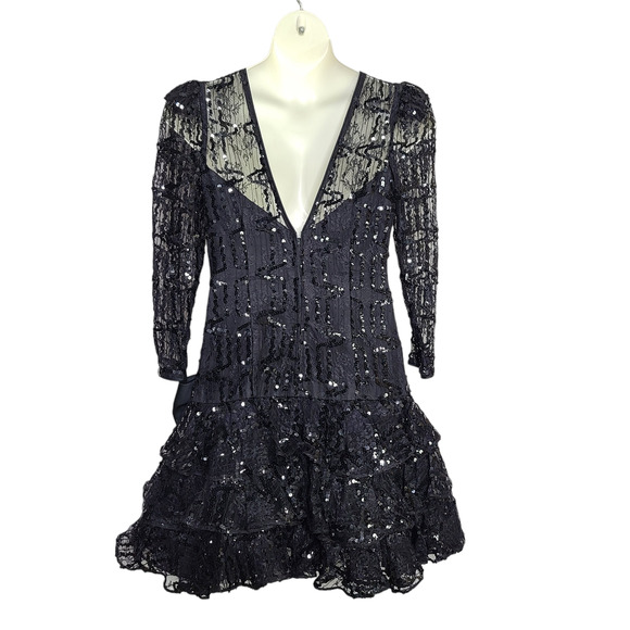 Saks Fifth Avenue Vintage Prom Dress 80s 12 Ruffle Layered Sequin Whimsygoth - Picture 2 of 6